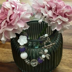 Beautiful artisan unique handmade bracelet purple white silver boho hippie